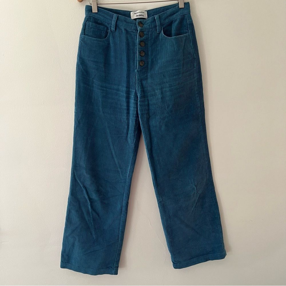 Reformation Corduroy Pants High Rise Straight Leg Teal Blue Button Fly Size 26
